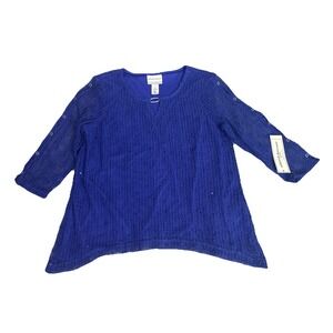 Alfred Dunner Women's Popcorn Knit‎ Mesh Overlay Top 3/4 Sleeve Layered Sheer PS